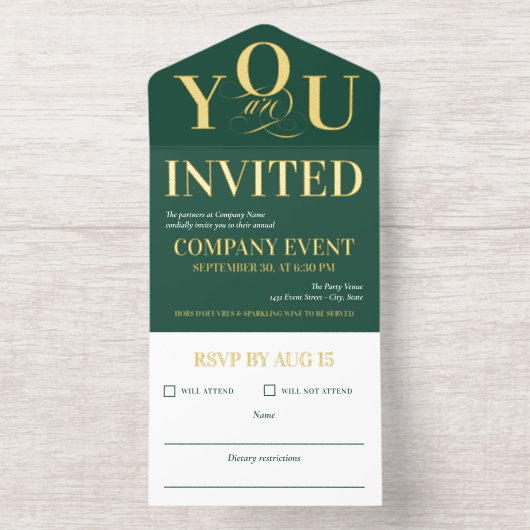 Deep Green Gold Elegant Typography Corporate Event All In One Uitnodiging (Binnenkant)