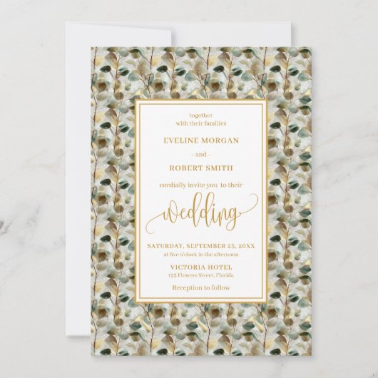Deep Green Gold Foliage Wedding Invitation Kaart (Voorkant)