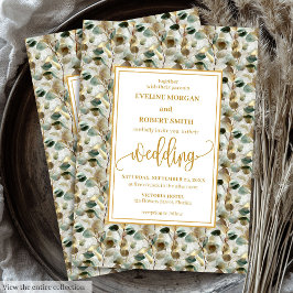  Deep Green Gold Foliage Wedding Invitation Kaart