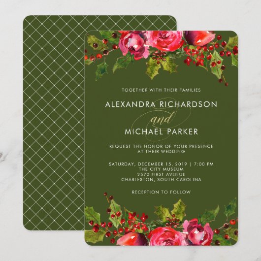 Deep Green Holiday Floral Wedding Invitation Kaart (Voorkant / Achterkant)