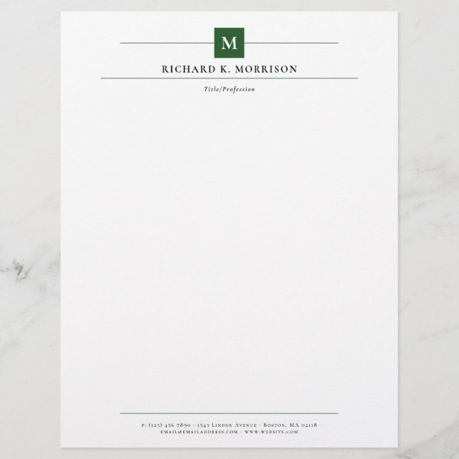Deep Green Square Monogram Elegant Minimalist Briefhoofd (Voorkant)