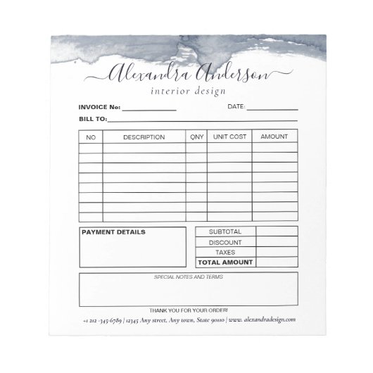 Deep Grey Waterverf Minimal Script Invoice Notitieblok (Voorkant)