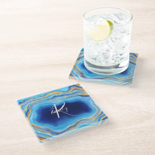 Deep Indigo Agate Marble Abstracte Name Monogram C Glazen Onderzetter (Schuin)