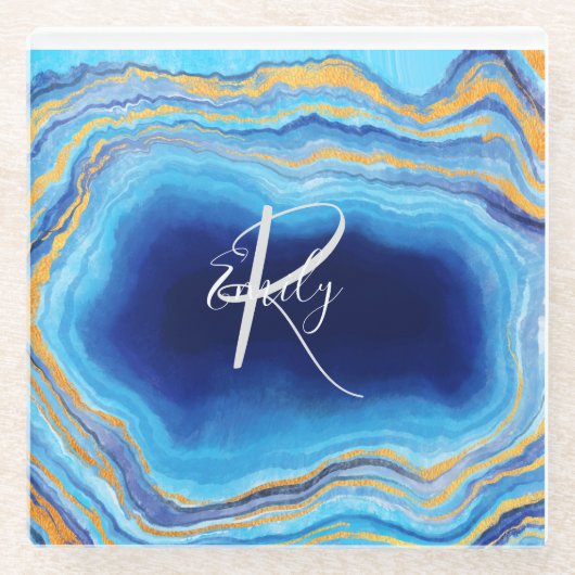 Deep Indigo Agate Marble Abstracte Name Monogram C Glazen Onderzetter (Voorkant)