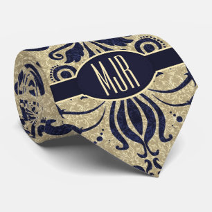 Deep Indigo Blue Swirls en Taupe Damask Monogram Stropdas