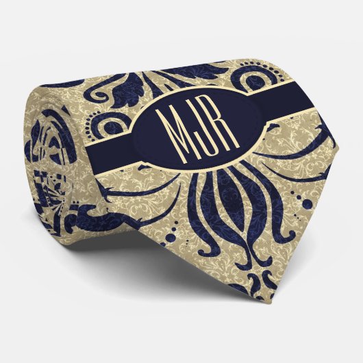 Deep Indigo Blue Swirls en Taupe Damask Monogram Stropdas (Opgerold)