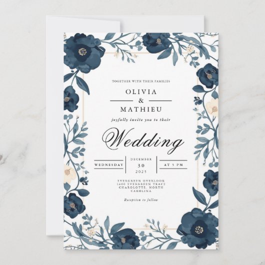 Deep Indigo Floral Border Wedding Kaart (Voorkant)