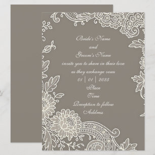 Deep Khaki Grey met Floral Scroll Wedding Kaart