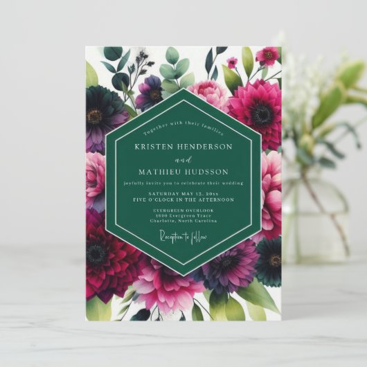Deep Magenta Botanical Romance Wedding Kaart (Staand voorkant)