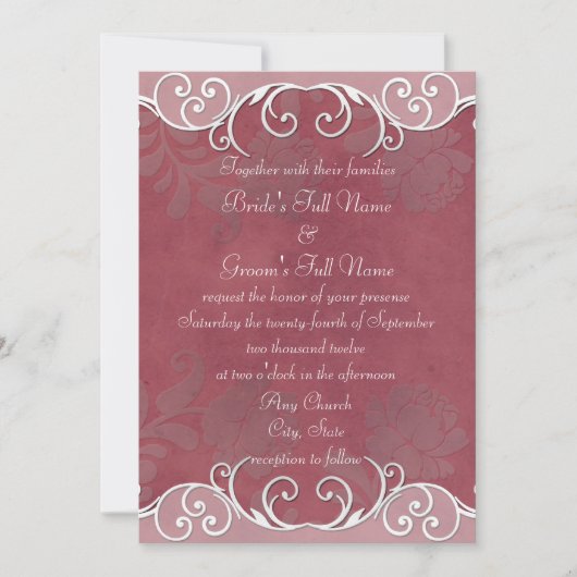 Deep Mauve Embossed Roos Wedding Invites Kaart (Voorkant)