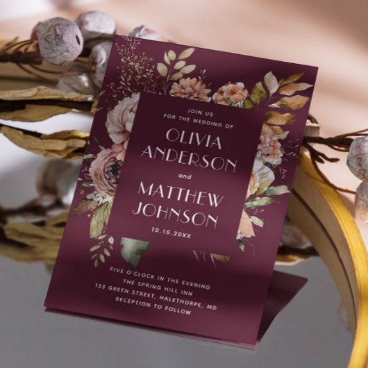 Deep Merlot Wedding | Floral Burgundy Plum QR-code Kaart