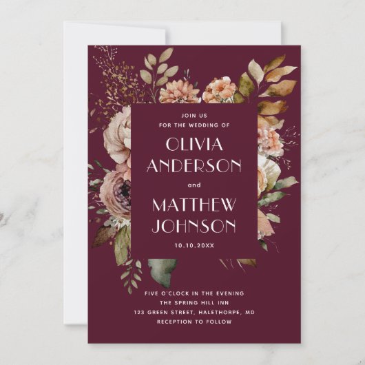 Deep Merlot Wedding | Floral Burgundy Plum QR-code Kaart (Voorkant)