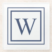 Deep Navy And White Square Border Monogram  Glazen Onderzetter (Voorkant)