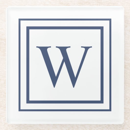 Deep Navy And White Square Border Monogram  Glazen Onderzetter (Voorkant)