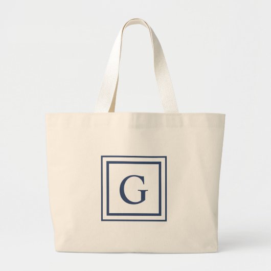 Deep Navy And White Square Border Monogram Grote Tote Bag (Voorkant)