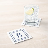 Deep Navy And White Square Border Monogram Kartonnen Onderzetters (Insitu)