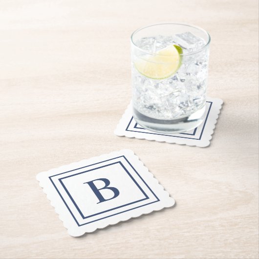 Deep Navy And White Square Border Monogram Kartonnen Onderzetters (Insitu)