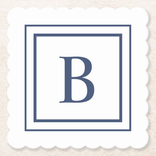 Deep Navy And White Square Border Monogram Kartonnen Onderzetters (Voorkant)