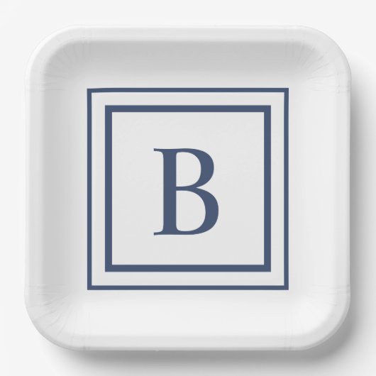 Deep Navy And White Square Border Monogram Papieren Bordje (Voorkant)