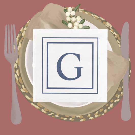 Deep Navy And White Square Border Monogram  Servet