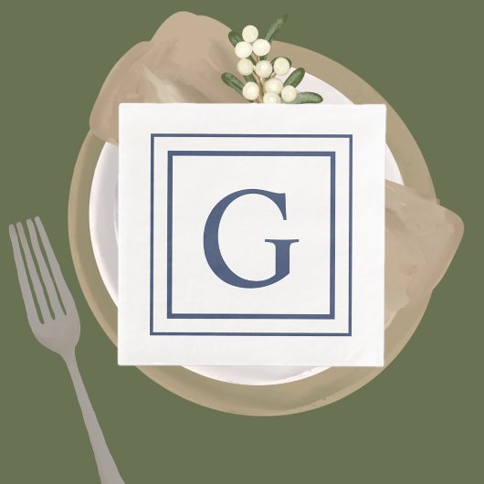 Deep Navy And White Square Border Monogram  Servet