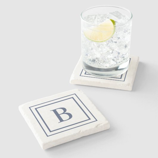 Deep Navy And White Square Border Monogram  Stenen Onderzetter (Zijkant)
