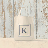 Deep Navy And White Square Border Monogram Tote Bag