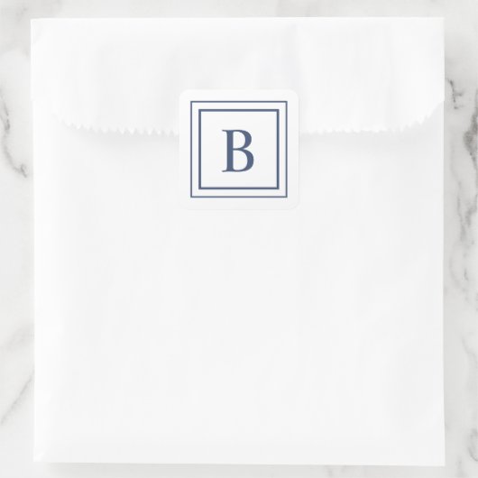 Deep Navy And White Square Border Monogram  Vierkante Sticker (Tas)