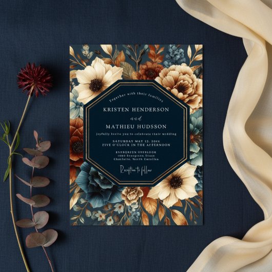 Deep Navy Autumn Bloom Wedding Kaart