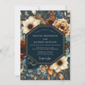 Deep Navy Autumn Bloom Wedding Kaart (Voorkant)