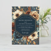 Deep Navy Autumn Bloom Wedding Kaart (Staand voorkant)