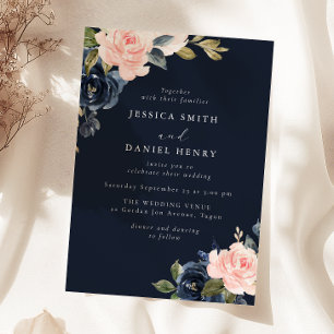 Deep Navy Blue & Blush Bloemen Huwelijk Kaart