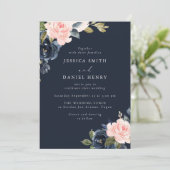 Deep Navy Blue & Blush Bloemen Huwelijk Kaart (Staand voorkant)