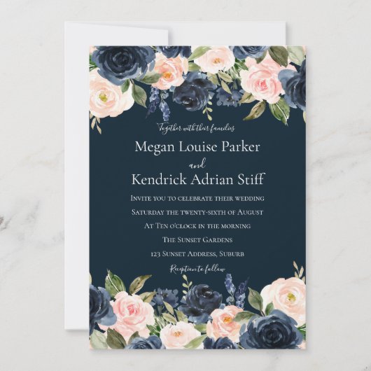 Deep Navy Blue Blush Botanical Weddenschap Kaart (Voorkant)