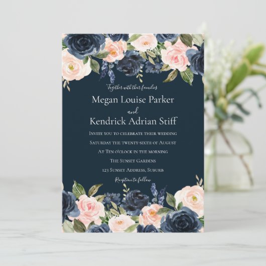 Deep Navy Blue Blush Botanical Weddenschap Kaart (Staand voorkant)