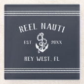 Deep Navy Blue | Rustieke Anker Boot Naam Glazen Onderzetter (Voorkant)