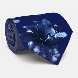 Deep Navy Blue Waterverf Floral Wedding Stropdas