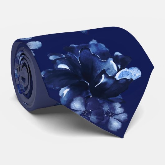 Deep Navy Blue Waterverf Floral Wedding Stropdas (Opgerold)