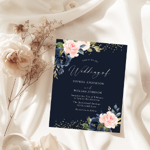 Deep Navy & Blush Budget Huwelijksuitnodiging