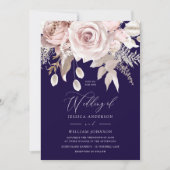Deep Navy & Blush Designer Dusty Rose Wedding Kaart (Voorkant)