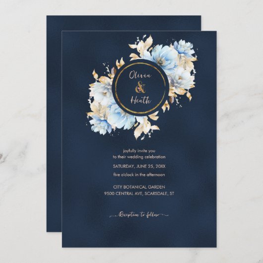 Deep Navy en Ice Blue bruiloft Kaart (Voorkant / Achterkant)