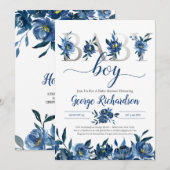 Deep Navy Floral and Silver Letters Baby Boho Kaart (Voorkant / Achterkant)