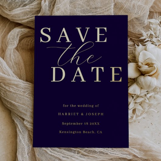 Deep Navy & Gold Foil Wedding Save The Date Folie Uitnodiging