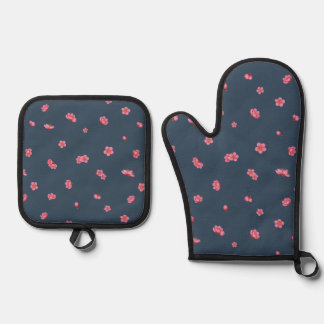 Deep Navy Japanese Red Plum Blossom Floral Pattern Ovenwant & Pannenlap Set