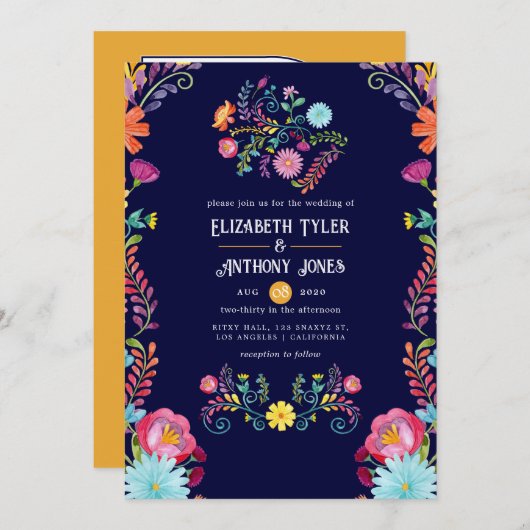Deep Navy & Marigold Floral Mexican Fiesta Wedding Kaart (Voorkant / Achterkant)