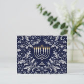 Deep Navy Menorah William Morris Pattern Briefkaart (Staand voorkant)