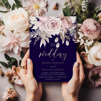 Deep Navy & Rose Gold Blush Floral Wedding Folie Uitnodiging