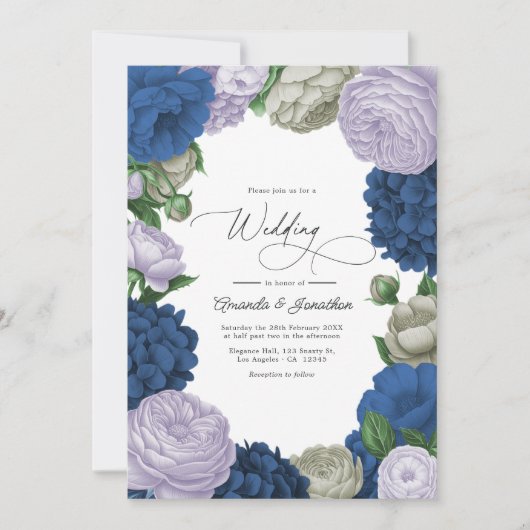Deep Navy, Soft Lilac & Cloud Gray Floral Wedding Kaart (Voorkant)