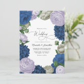 Deep Navy, Soft Lilac & Cloud Gray Floral Wedding Kaart (Staand voorkant)