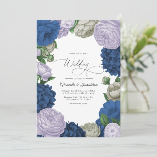Deep Navy, Soft Lilac & Cloud Gray Floral Wedding Kaart (Staand voorkant)